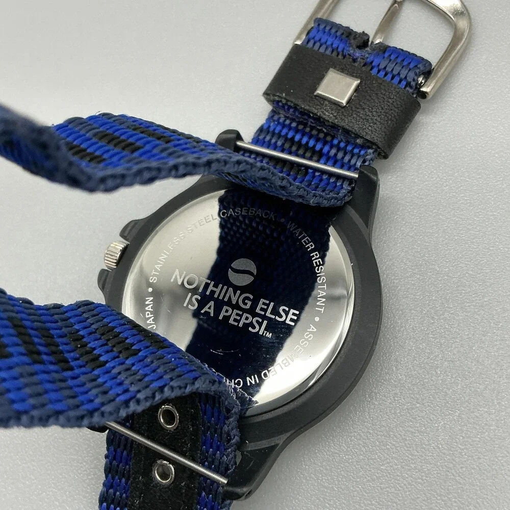 Pepsi Mens Watch 39mm Promotional Blue Bezel Blue Nylon 3 ATM New Battery